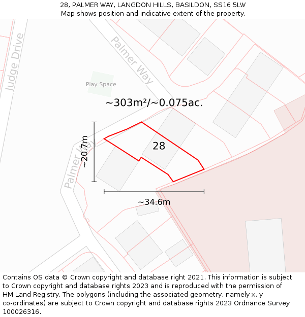 28, PALMER WAY, LANGDON HILLS, BASILDON, SS16 5LW: Plot and title map