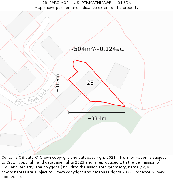 28, PARC MOEL LUS, PENMAENMAWR, LL34 6DN: Plot and title map