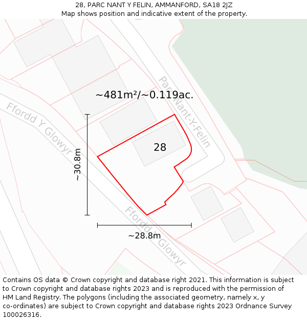 28, PARC NANT Y FELIN, AMMANFORD, SA18 2JZ: Plot and title map