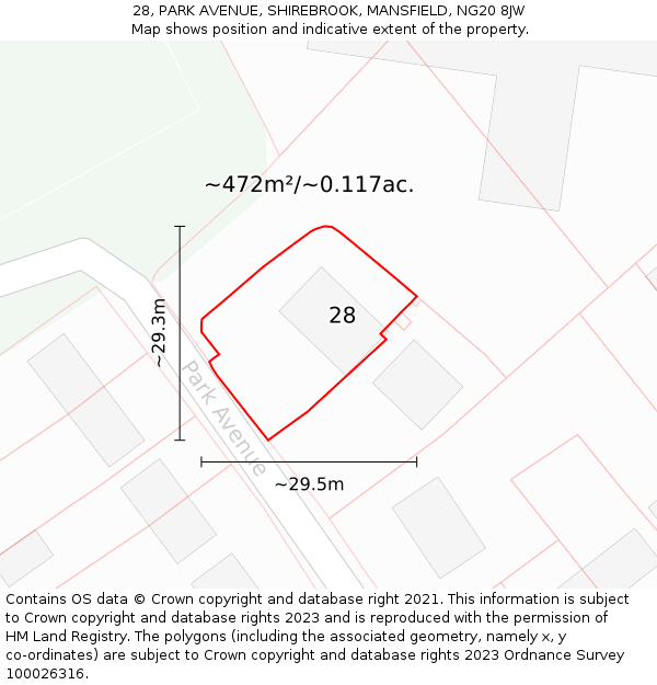 28, PARK AVENUE, SHIREBROOK, MANSFIELD, NG20 8JW: Plot and title map