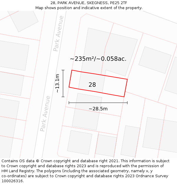 28, PARK AVENUE, SKEGNESS, PE25 2TF: Plot and title map
