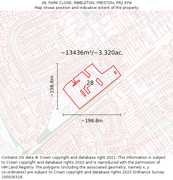 28, PARK CLOSE, RIBBLETON, PRESTON, PR2 6YW: Plot and title map