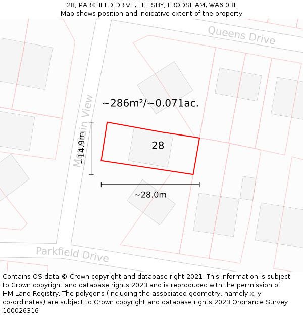 28, PARKFIELD DRIVE, HELSBY, FRODSHAM, WA6 0BL: Plot and title map