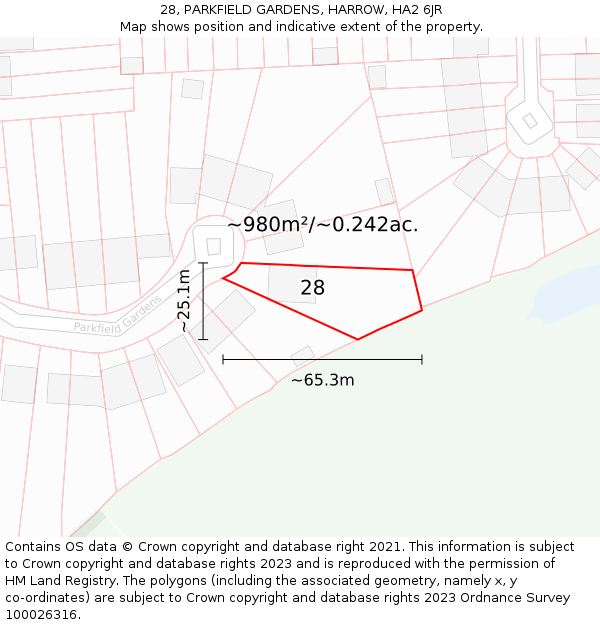 28, PARKFIELD GARDENS, HARROW, HA2 6JR: Plot and title map