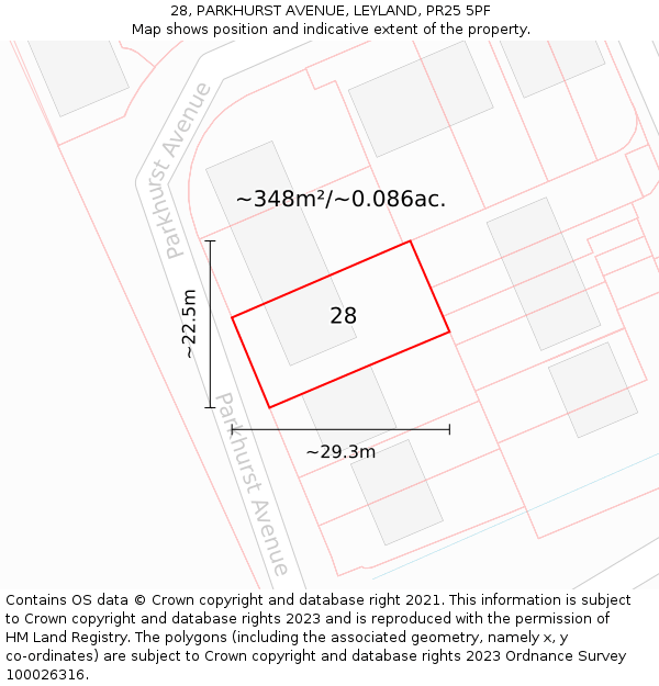 28, PARKHURST AVENUE, LEYLAND, PR25 5PF: Plot and title map