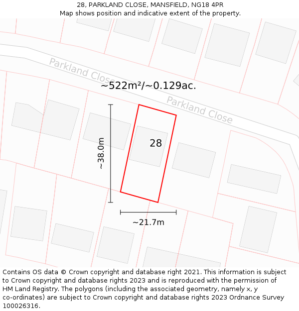 28, PARKLAND CLOSE, MANSFIELD, NG18 4PR: Plot and title map