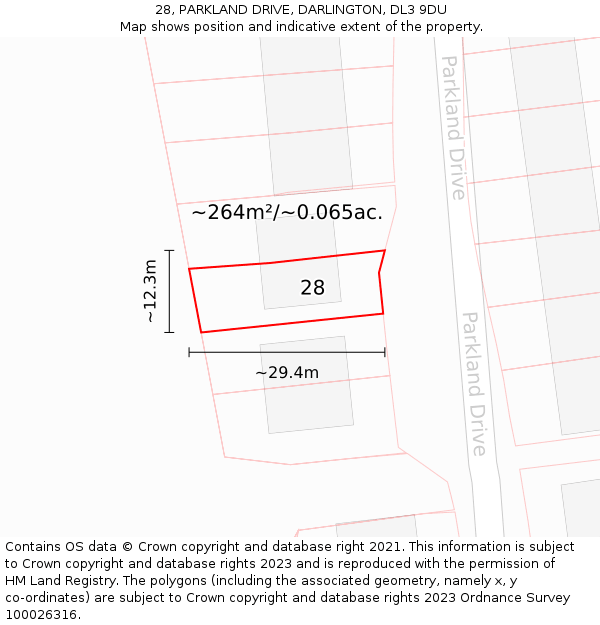28, PARKLAND DRIVE, DARLINGTON, DL3 9DU: Plot and title map