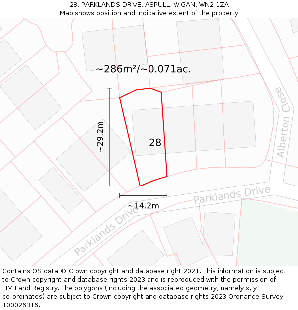 28, PARKLANDS DRIVE, ASPULL, WIGAN, WN2 1ZA: Plot and title map