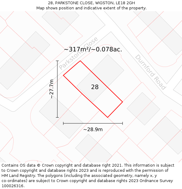 28, PARKSTONE CLOSE, WIGSTON, LE18 2GH: Plot and title map