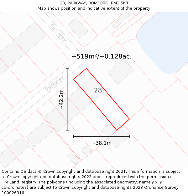 28, PARKWAY, ROMFORD, RM2 5NT: Plot and title map