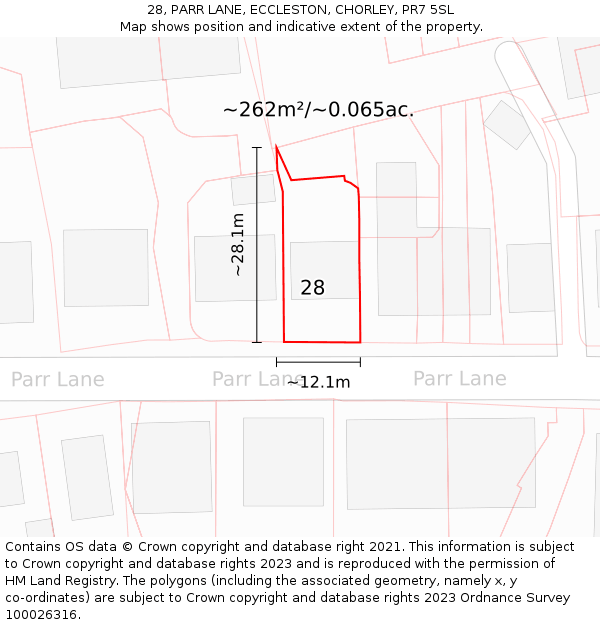 28, PARR LANE, ECCLESTON, CHORLEY, PR7 5SL: Plot and title map