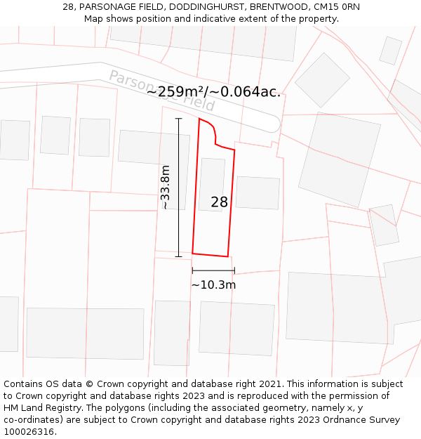 28, PARSONAGE FIELD, DODDINGHURST, BRENTWOOD, CM15 0RN: Plot and title map