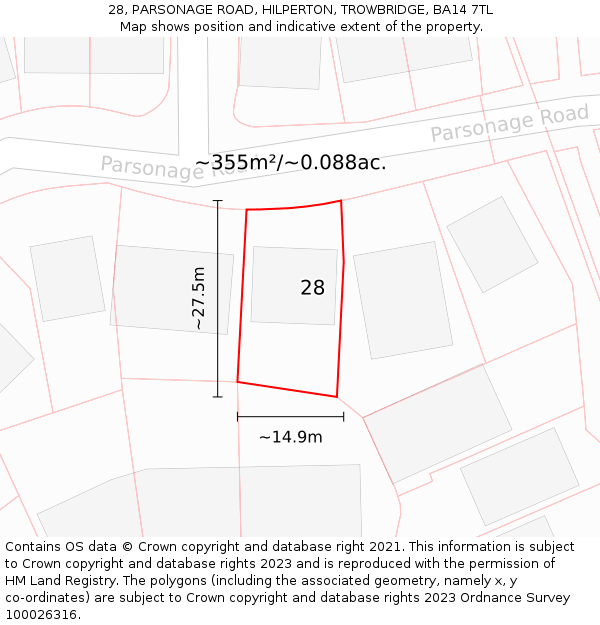 28, PARSONAGE ROAD, HILPERTON, TROWBRIDGE, BA14 7TL: Plot and title map
