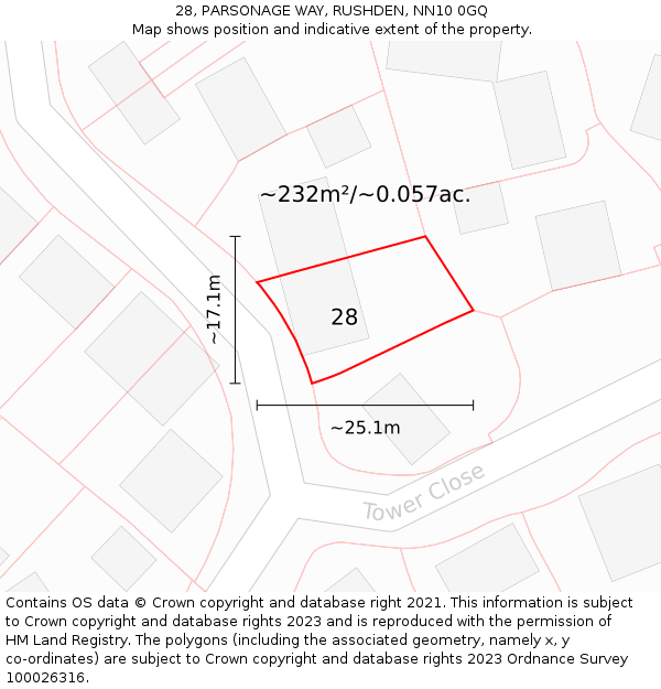 28, PARSONAGE WAY, RUSHDEN, NN10 0GQ: Plot and title map