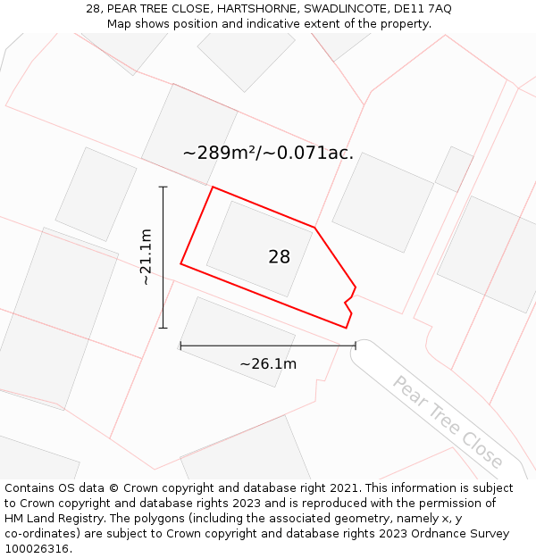 28, PEAR TREE CLOSE, HARTSHORNE, SWADLINCOTE, DE11 7AQ: Plot and title map