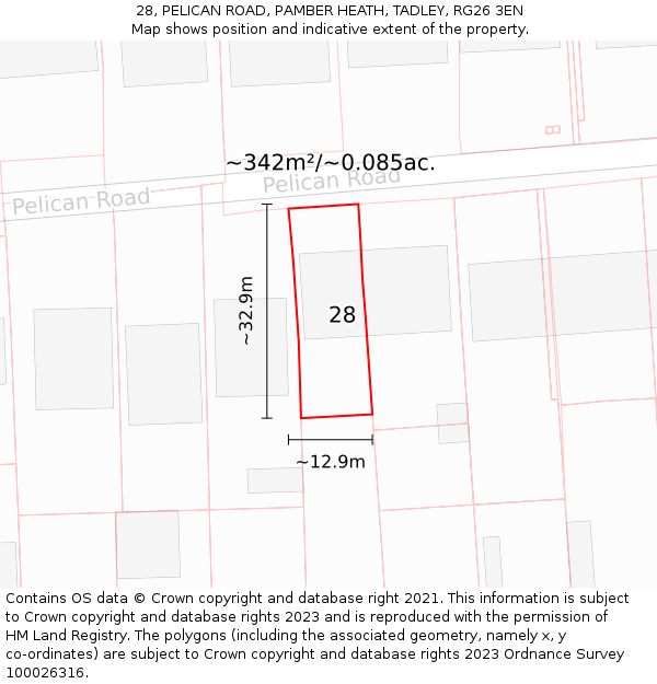 28, PELICAN ROAD, PAMBER HEATH, TADLEY, RG26 3EN: Plot and title map