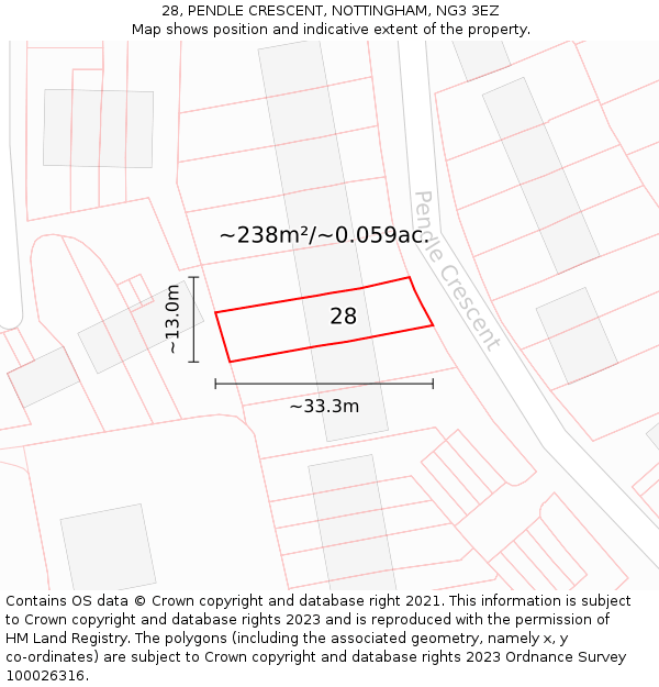 28, PENDLE CRESCENT, NOTTINGHAM, NG3 3EZ: Plot and title map