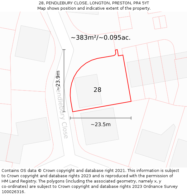 28, PENDLEBURY CLOSE, LONGTON, PRESTON, PR4 5YT: Plot and title map