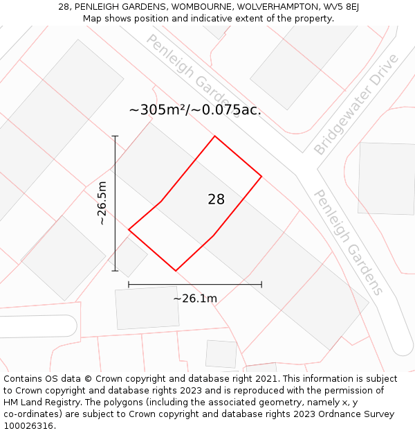 28, PENLEIGH GARDENS, WOMBOURNE, WOLVERHAMPTON, WV5 8EJ: Plot and title map