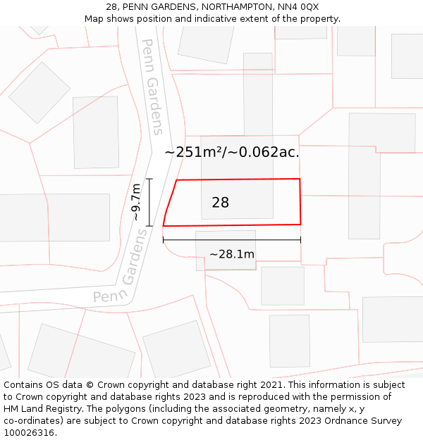28, PENN GARDENS, NORTHAMPTON, NN4 0QX: Plot and title map