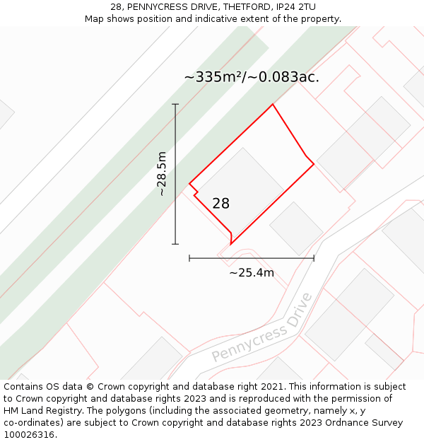 28, PENNYCRESS DRIVE, THETFORD, IP24 2TU: Plot and title map