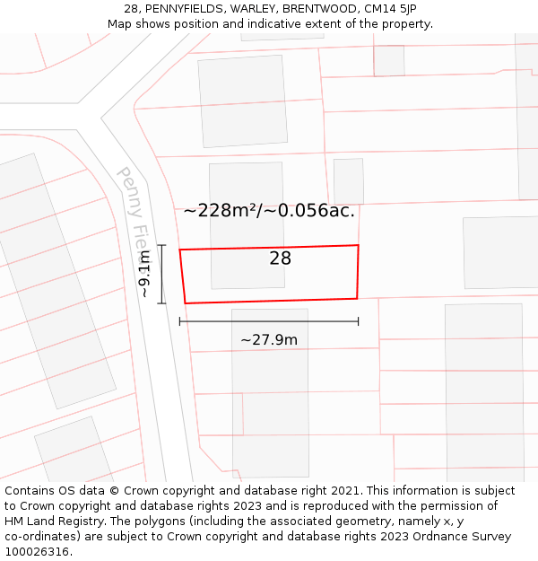 28, PENNYFIELDS, WARLEY, BRENTWOOD, CM14 5JP: Plot and title map