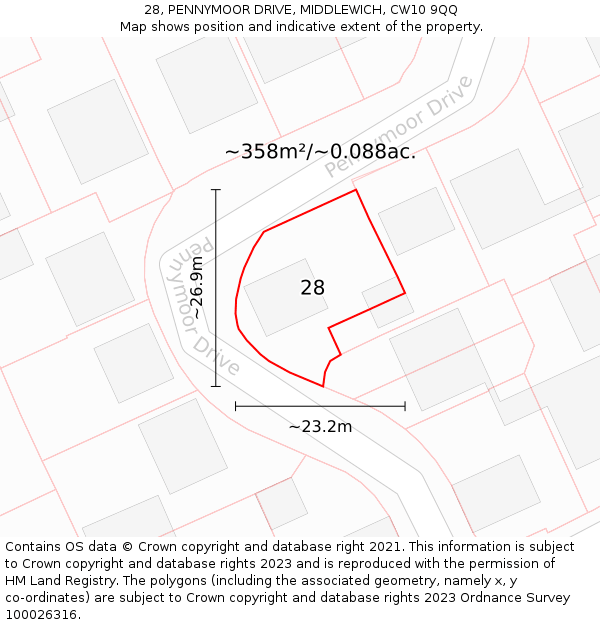 28, PENNYMOOR DRIVE, MIDDLEWICH, CW10 9QQ: Plot and title map