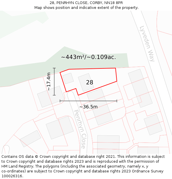28, PENRHYN CLOSE, CORBY, NN18 8PR: Plot and title map