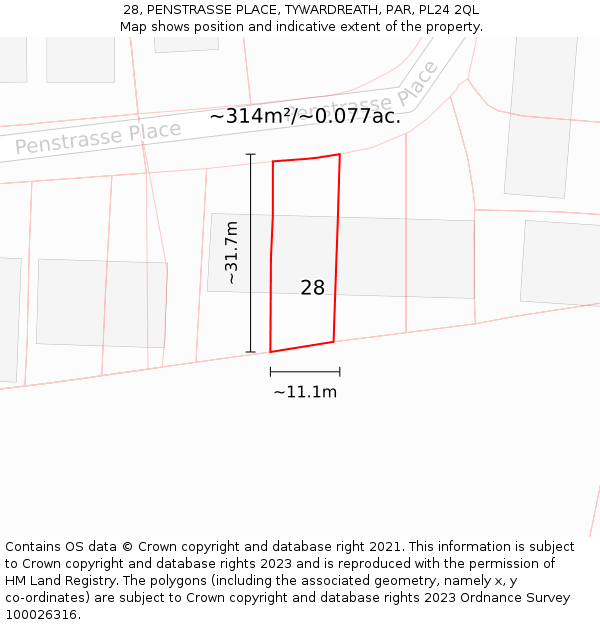 28, PENSTRASSE PLACE, TYWARDREATH, PAR, PL24 2QL: Plot and title map