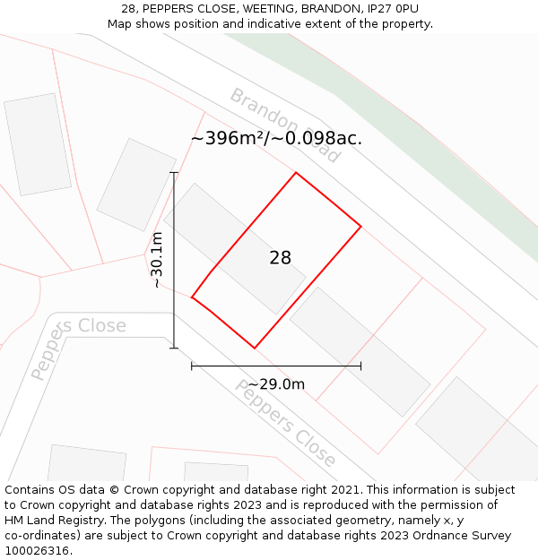 28, PEPPERS CLOSE, WEETING, BRANDON, IP27 0PU: Plot and title map