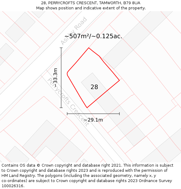 28, PERRYCROFTS CRESCENT, TAMWORTH, B79 8UA: Plot and title map