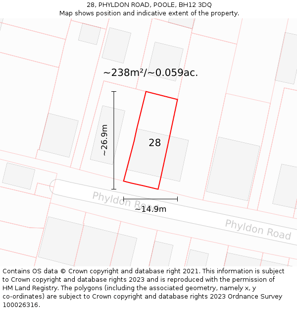 28, PHYLDON ROAD, POOLE, BH12 3DQ: Plot and title map