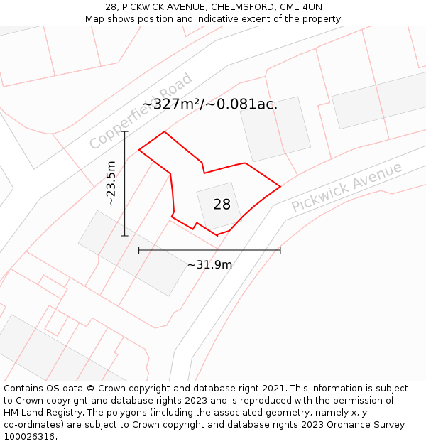 28, PICKWICK AVENUE, CHELMSFORD, CM1 4UN: Plot and title map