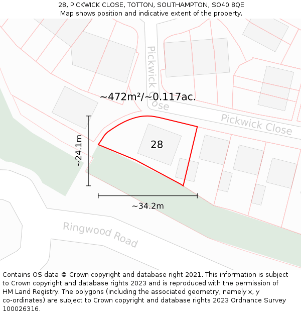 28, PICKWICK CLOSE, TOTTON, SOUTHAMPTON, SO40 8QE: Plot and title map