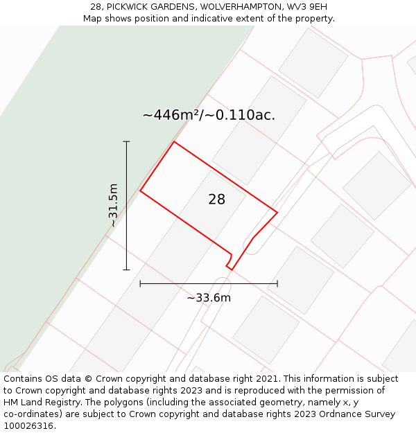28, PICKWICK GARDENS, WOLVERHAMPTON, WV3 9EH: Plot and title map