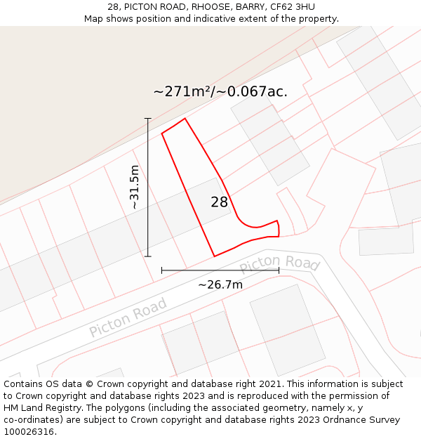 28, PICTON ROAD, RHOOSE, BARRY, CF62 3HU: Plot and title map