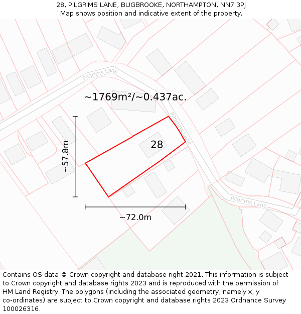 28, PILGRIMS LANE, BUGBROOKE, NORTHAMPTON, NN7 3PJ: Plot and title map