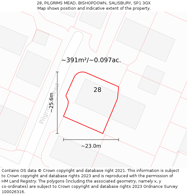 28, PILGRIMS MEAD, BISHOPDOWN, SALISBURY, SP1 3GX: Plot and title map