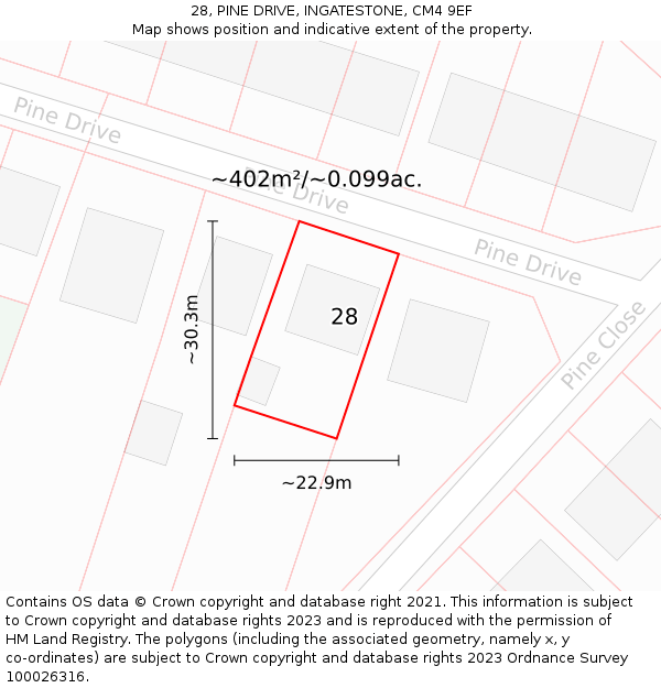 28, PINE DRIVE, INGATESTONE, CM4 9EF: Plot and title map