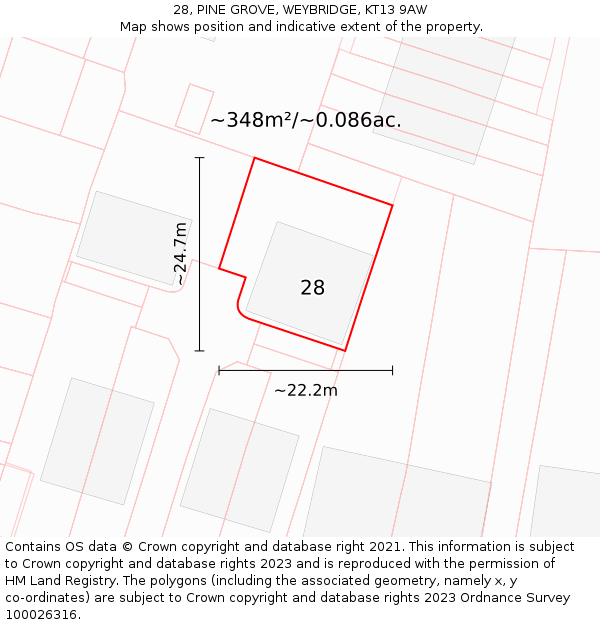 28, PINE GROVE, WEYBRIDGE, KT13 9AW: Plot and title map