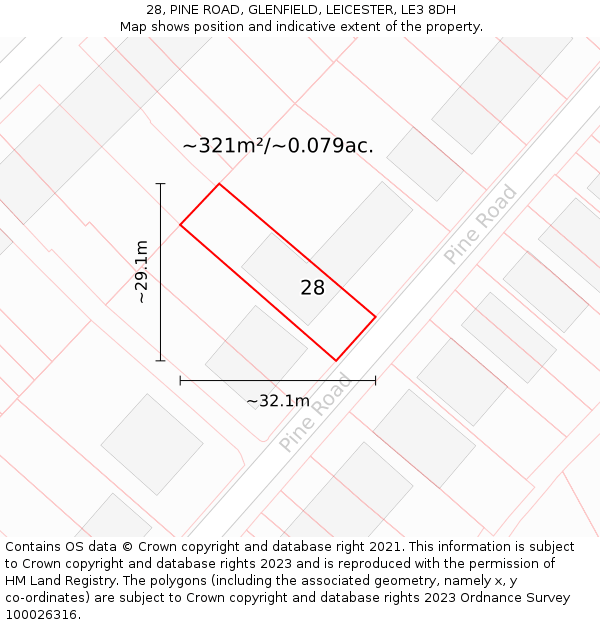 28, PINE ROAD, GLENFIELD, LEICESTER, LE3 8DH: Plot and title map