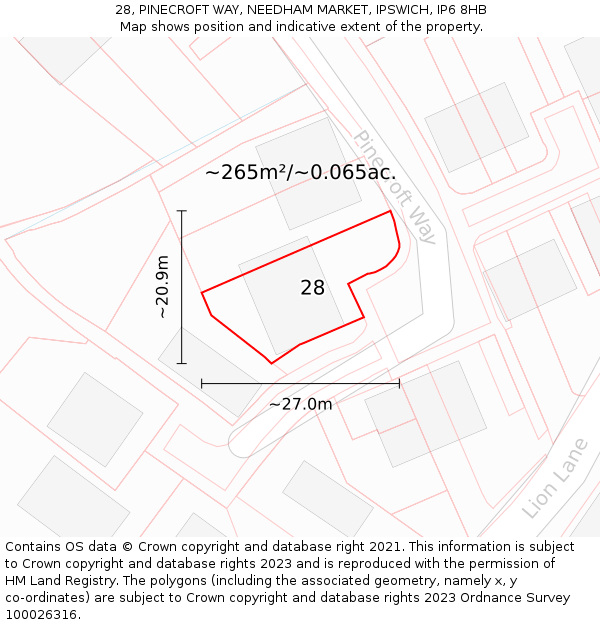 28, PINECROFT WAY, NEEDHAM MARKET, IPSWICH, IP6 8HB: Plot and title map