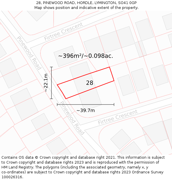 28, PINEWOOD ROAD, HORDLE, LYMINGTON, SO41 0GP: Plot and title map