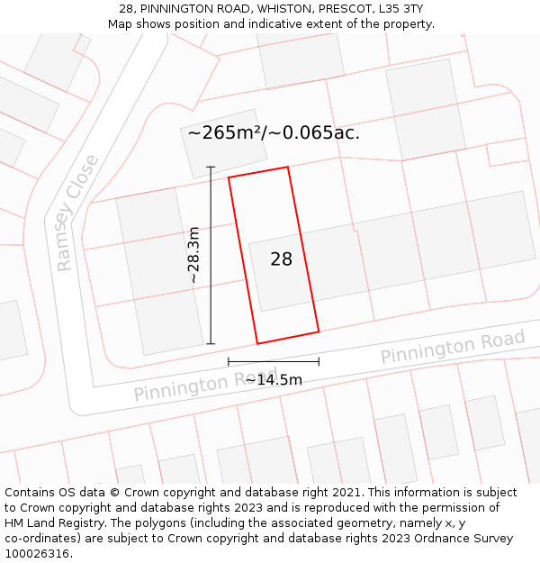 28, PINNINGTON ROAD, WHISTON, PRESCOT, L35 3TY: Plot and title map