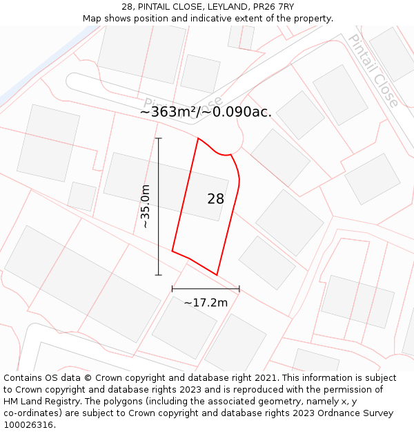 28, PINTAIL CLOSE, LEYLAND, PR26 7RY: Plot and title map
