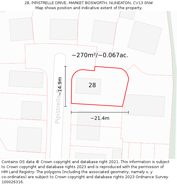 28, PIPISTRELLE DRIVE, MARKET BOSWORTH, NUNEATON, CV13 0NW: Plot and title map