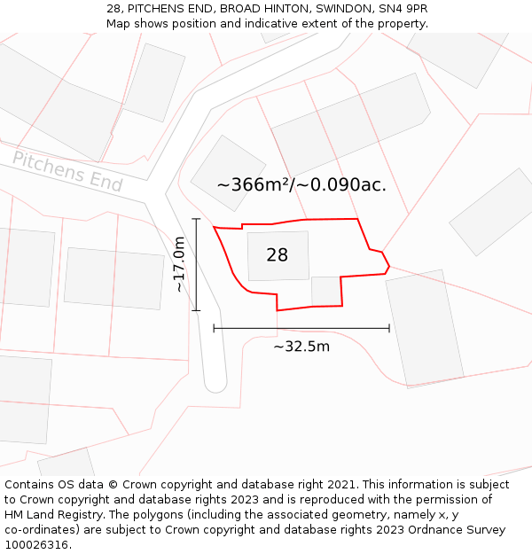 28, PITCHENS END, BROAD HINTON, SWINDON, SN4 9PR: Plot and title map