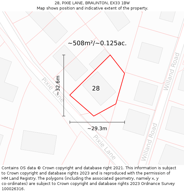 28, PIXIE LANE, BRAUNTON, EX33 1BW: Plot and title map