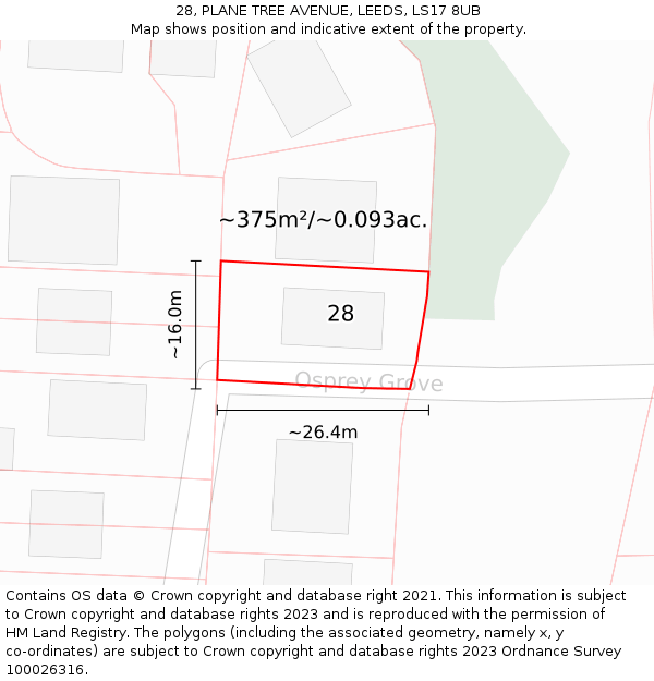 28, PLANE TREE AVENUE, LEEDS, LS17 8UB: Plot and title map