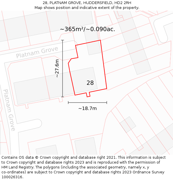 28, PLATNAM GROVE, HUDDERSFIELD, HD2 2RH: Plot and title map